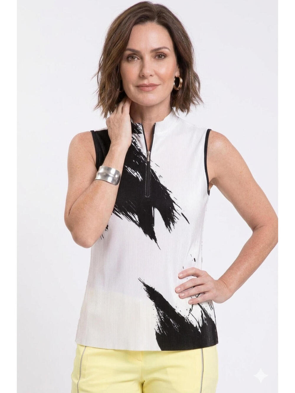 Jamie Sadock Canvas Printed Sleeveless Crinkle Ribbed 1/4 Zip Top Women MEDIUM